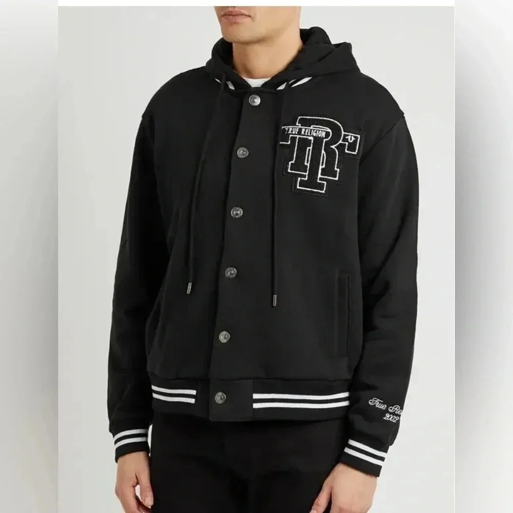 True Religion Logo Hooded Cotton Varsity Jacket. Size XL